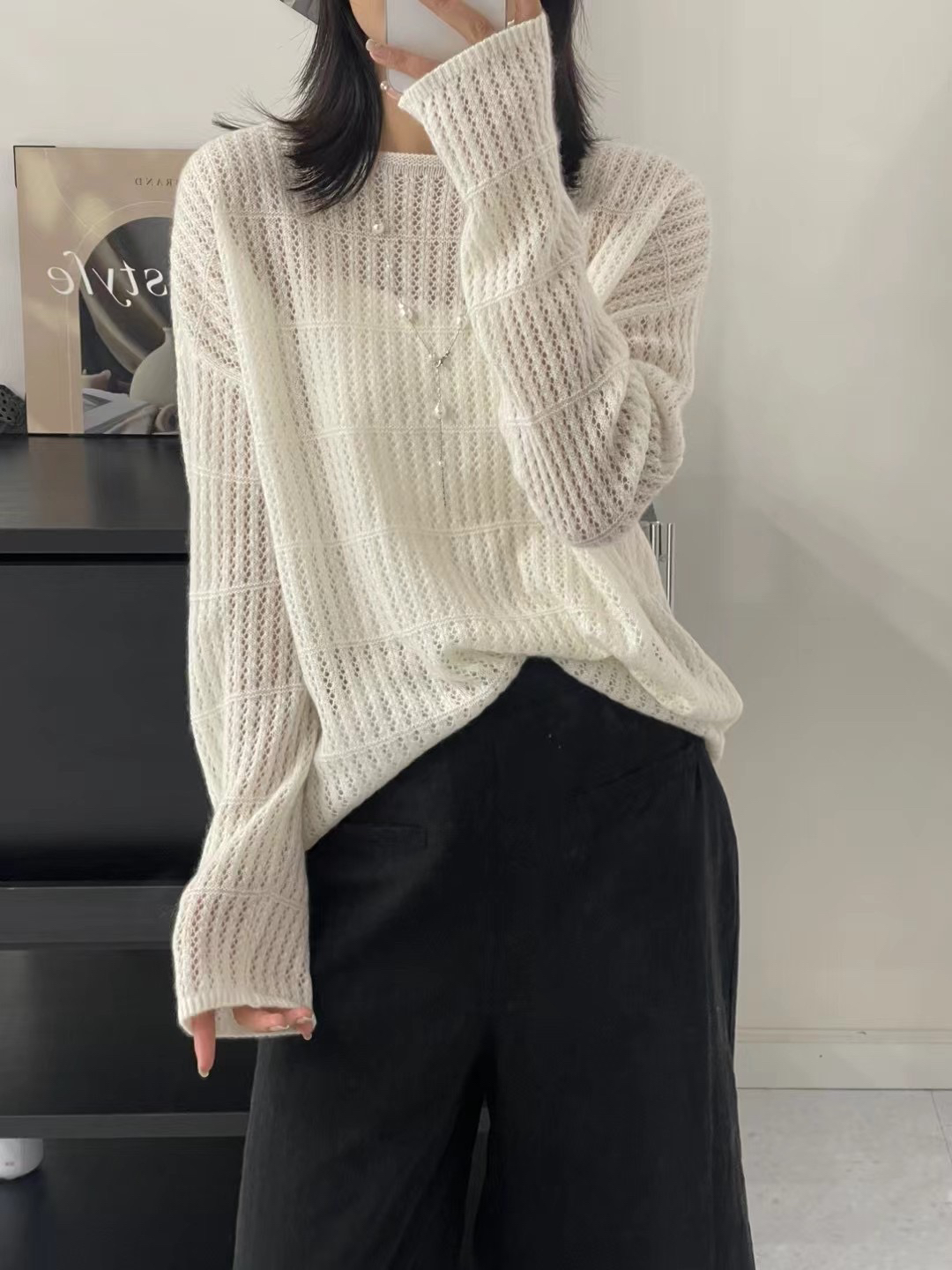 100%山羊绒慵懒风圆领针织衫女春秋薄款气质镂空羊绒衫