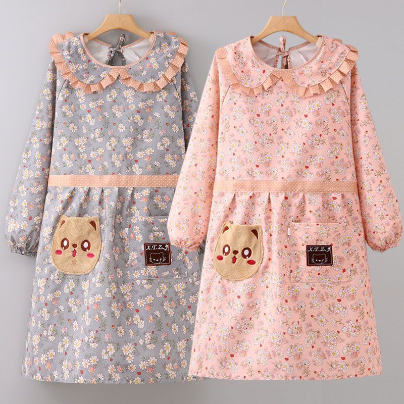 新款长袖帆布围裙家用厨房做饭防污耐磨娃娃领洋气围裙厨房专用