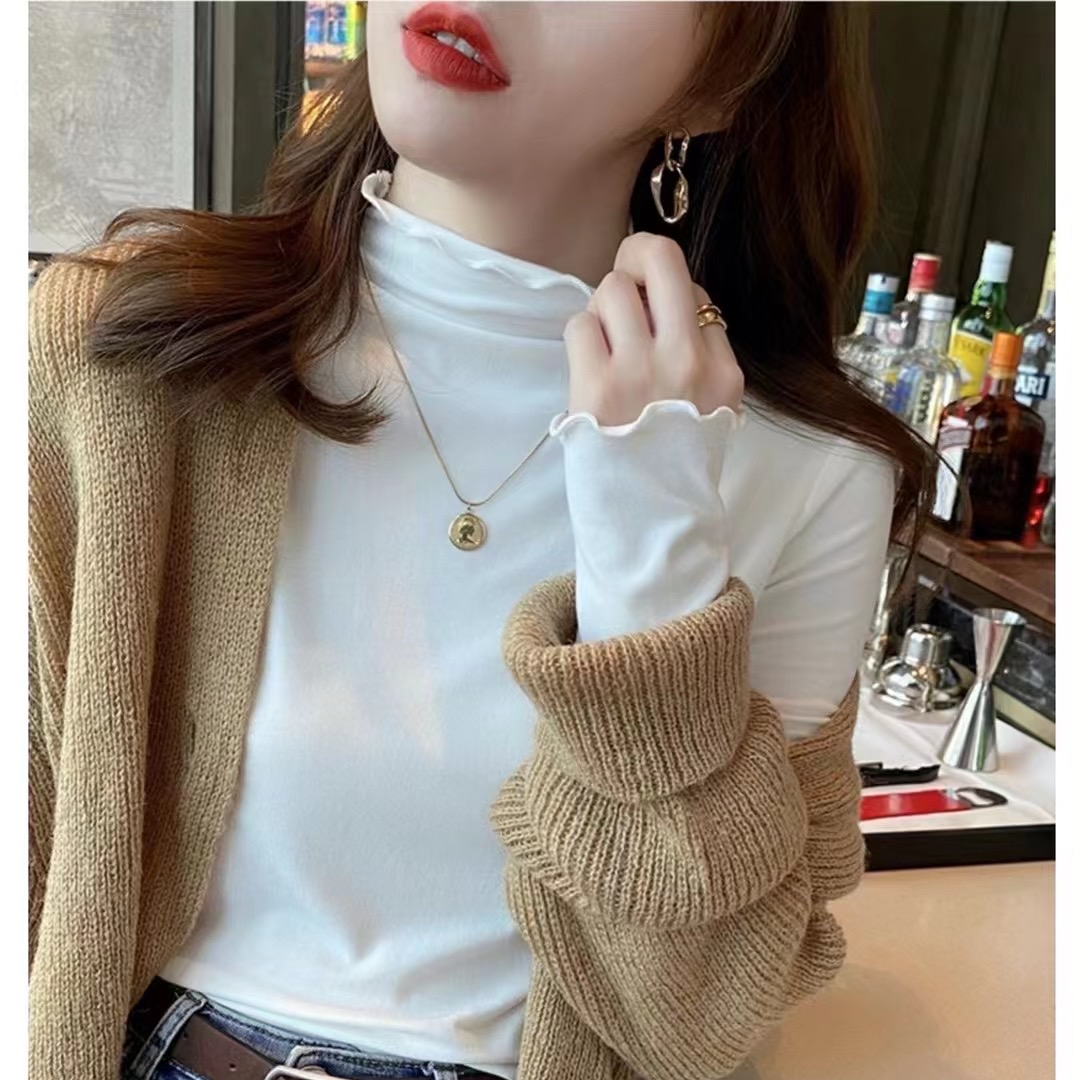 女士时尚百搭网红洋气修身纯色半高领黑色长袖打底衫 城市机能