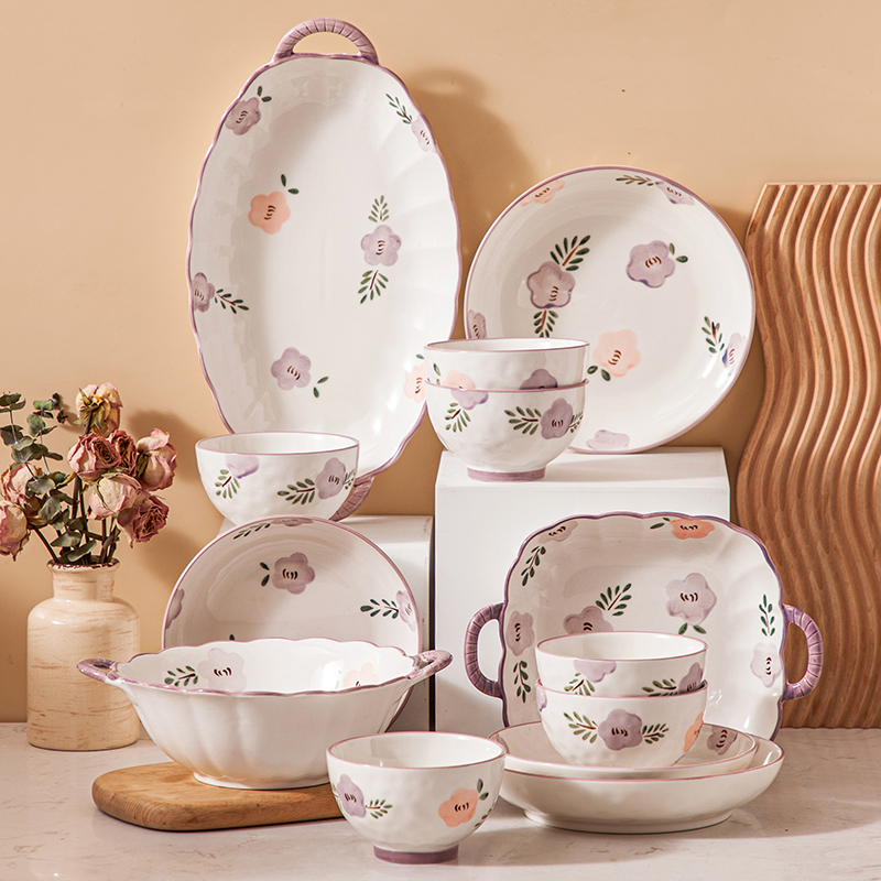 紫萱花高颜值釉下彩陶瓷碗盘餐具鱼盘盘子菜盘碟子大汤碗碗碟套装