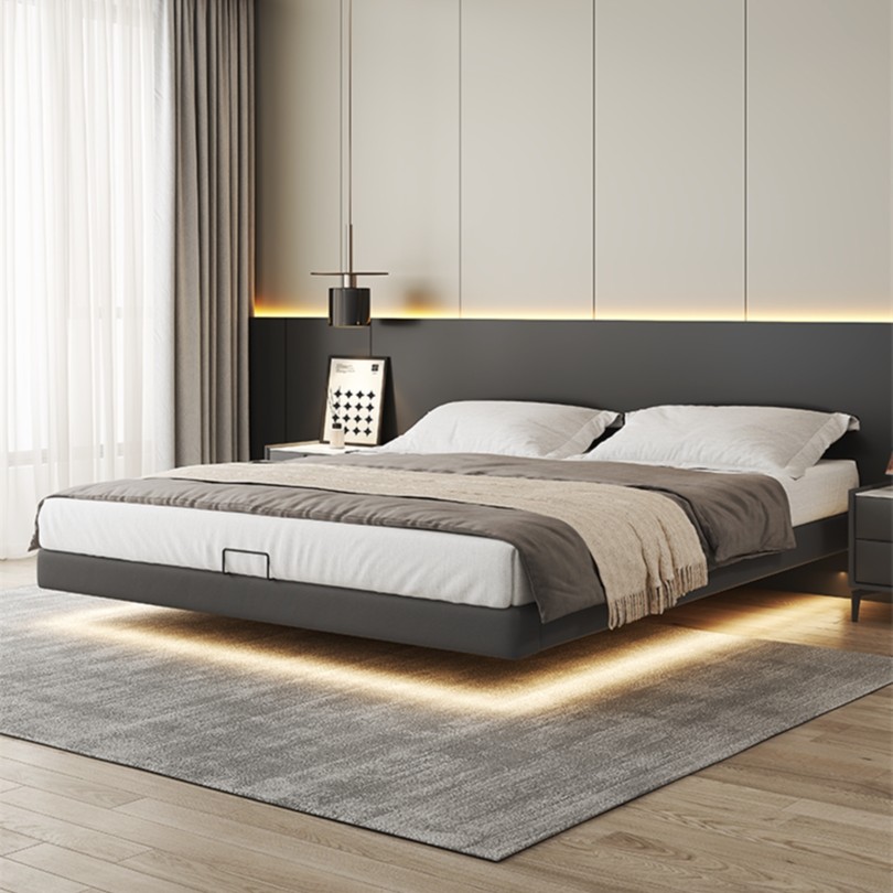 无床头悬浮真皮床轻奢现代简约主卧双人2米x2米2网红实木悬空床架