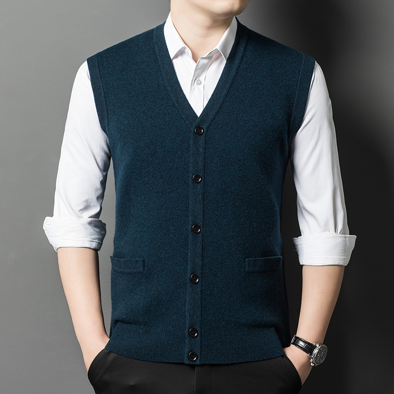 【100%绵羊毛】男士冬纯色四平加厚无袖马甲羊毛衫男士外套背心D022