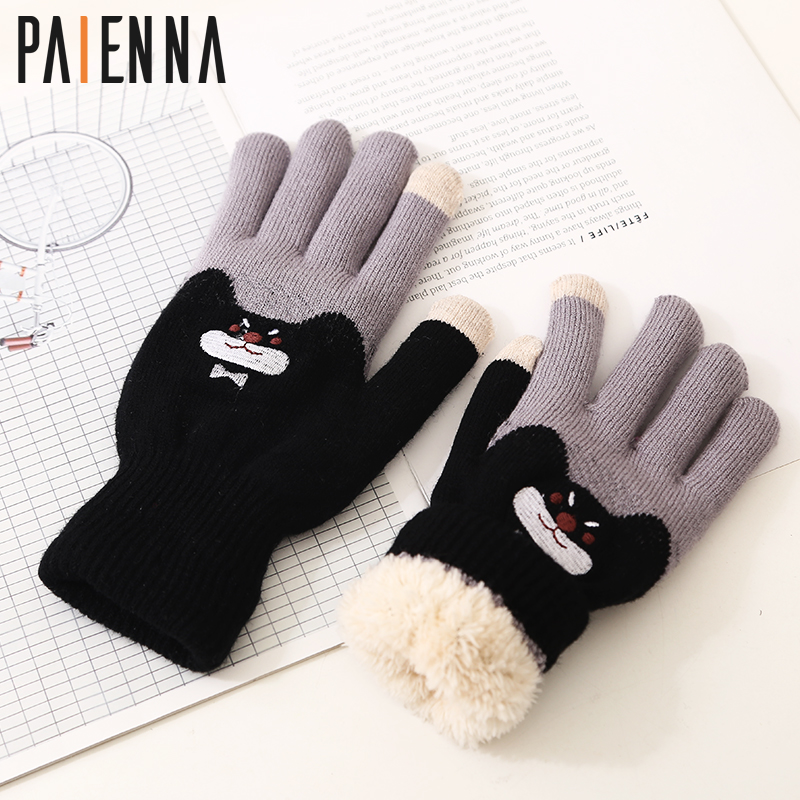 手套男冬骑行五指开车毛线针织双层加厚加绒防寒学生分指保暖手套