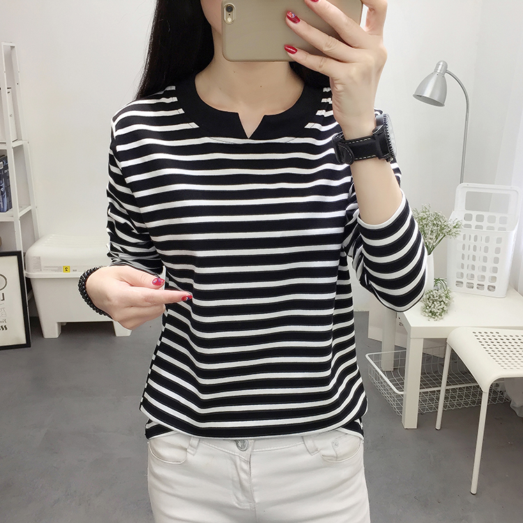 爆款推荐2024春秋新款长袖打底衫T恤气质别致v领百搭条纹洋气上衣