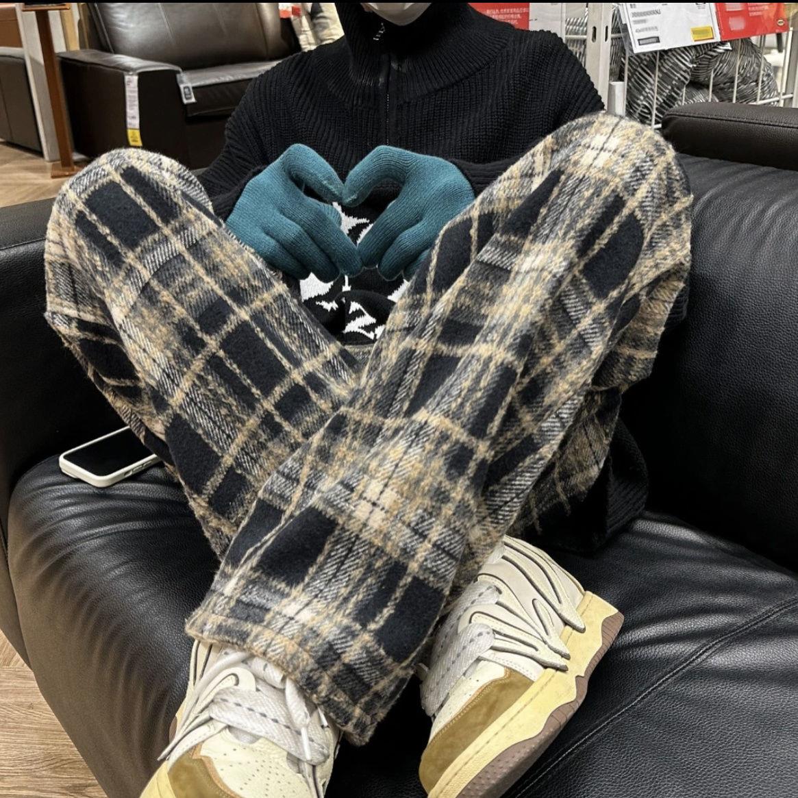 格子毛呢美式复古休闲裤男秋冬季潮牌宽松直筒呢料阔腿休闲长裤子