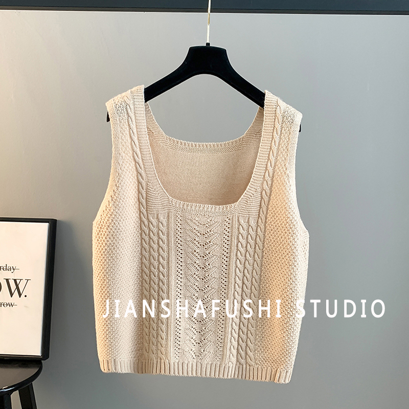 毛衣U领马甲女背心宽松慵懒风春秋外穿韩版薄款针织衫复古麻花