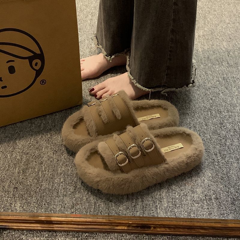 外穿毛毛鞋女士年秋季新款时尚皮带扣潮流厚底一字拖毛绒百搭韩版