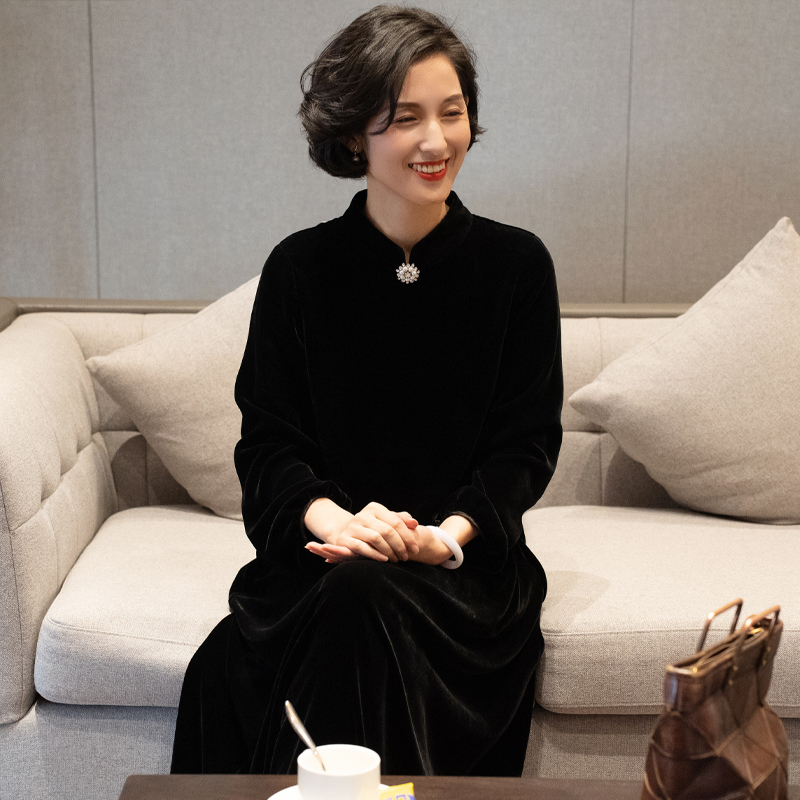 【京华苏艺】桑蚕丝秋冬新款丝绒新中式显瘦宽松连衣裙-68415