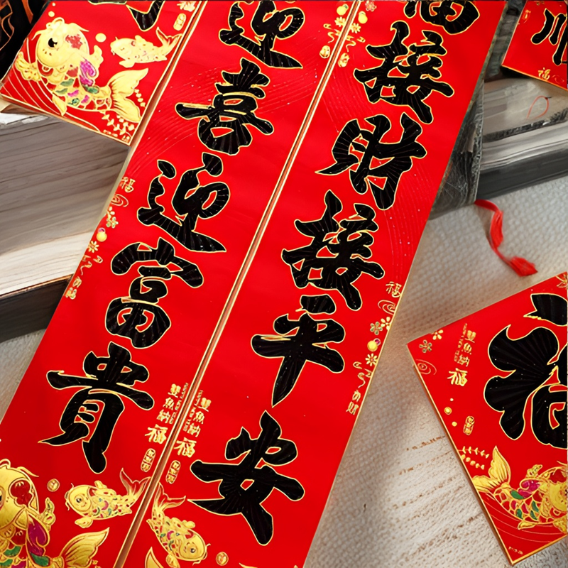 2024龙年新春新年植绒洒金粉对联春联家用防盗门贴门对农新年装饰