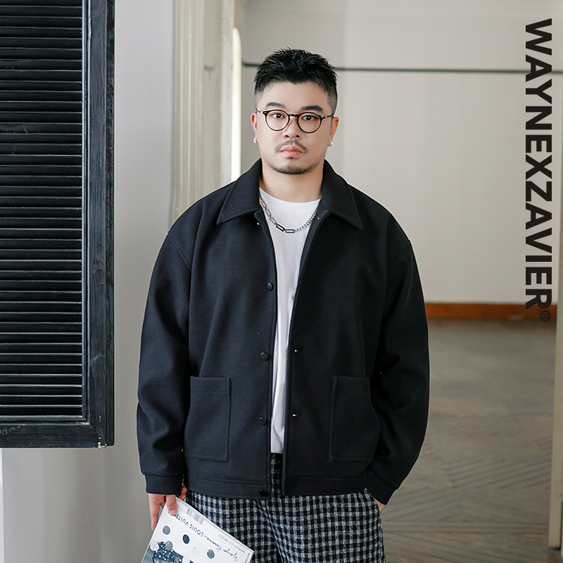 韦恩泽维尔大码黑色毛呢外套男短款宽松轻商务休闲呢子夹克9009