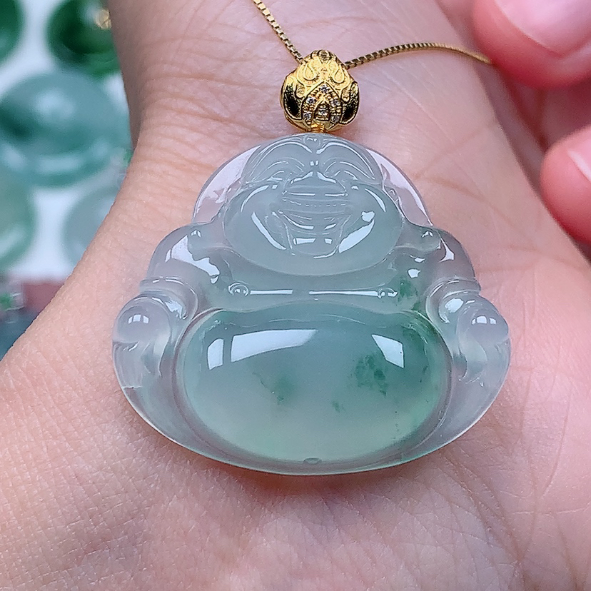 缅甸天然A货翡翠18k金镶嵌冰种飘花佛公吊坠（尺寸27.2*31*6.1）