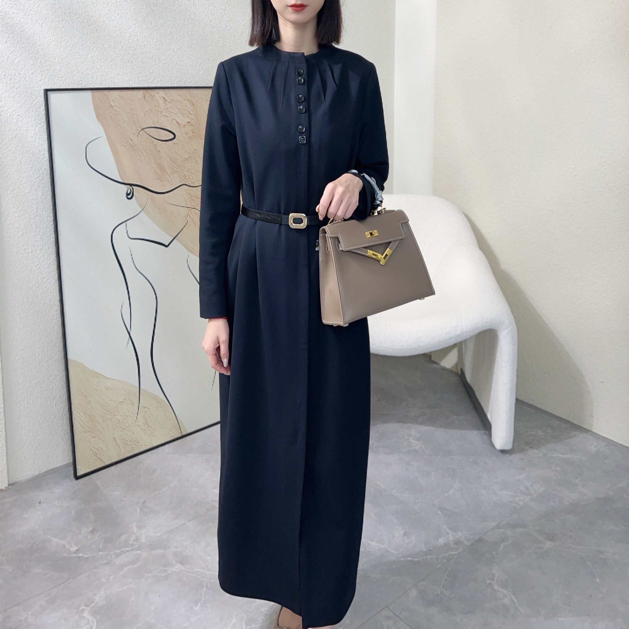 【施嘉丽A】B2024新款原创设计时尚百搭高端气质捏褶立领连衣裙