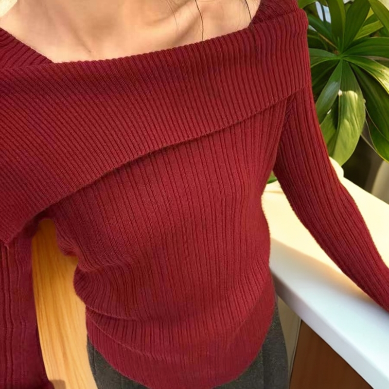 一字肩针织衫女长袖打底内搭设计感气质修身显瘦