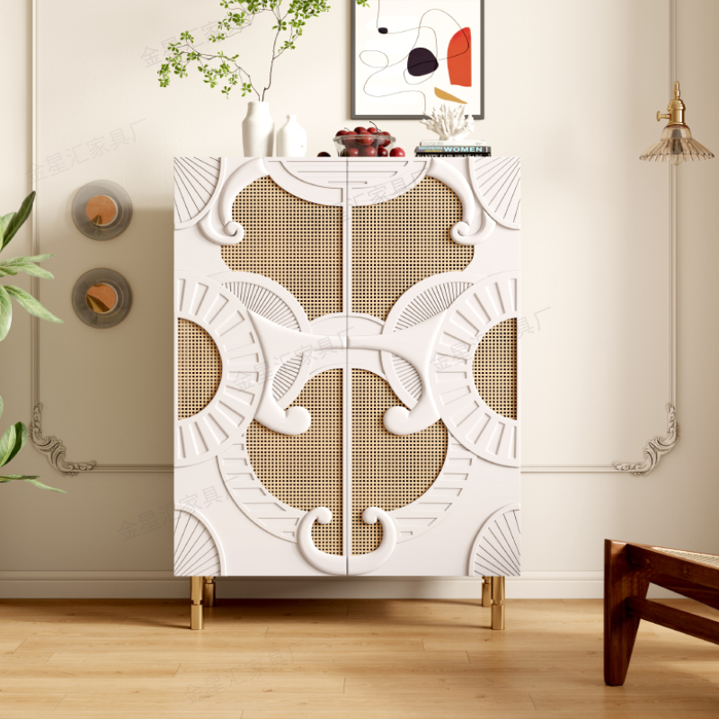 奶油风藤编餐边储物柜入户玄关鞋柜风东南亚雕花轻奢卧室收纳酒柜