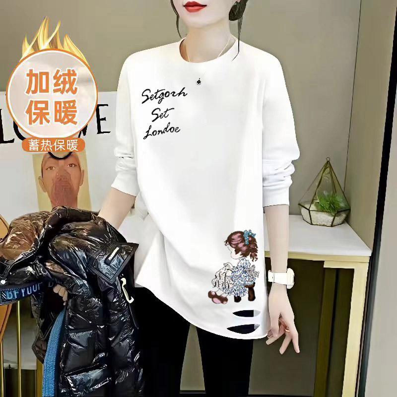白色加绒加厚打底衫女款爆款2025新款纯棉宽松长袖t恤中长款洋气