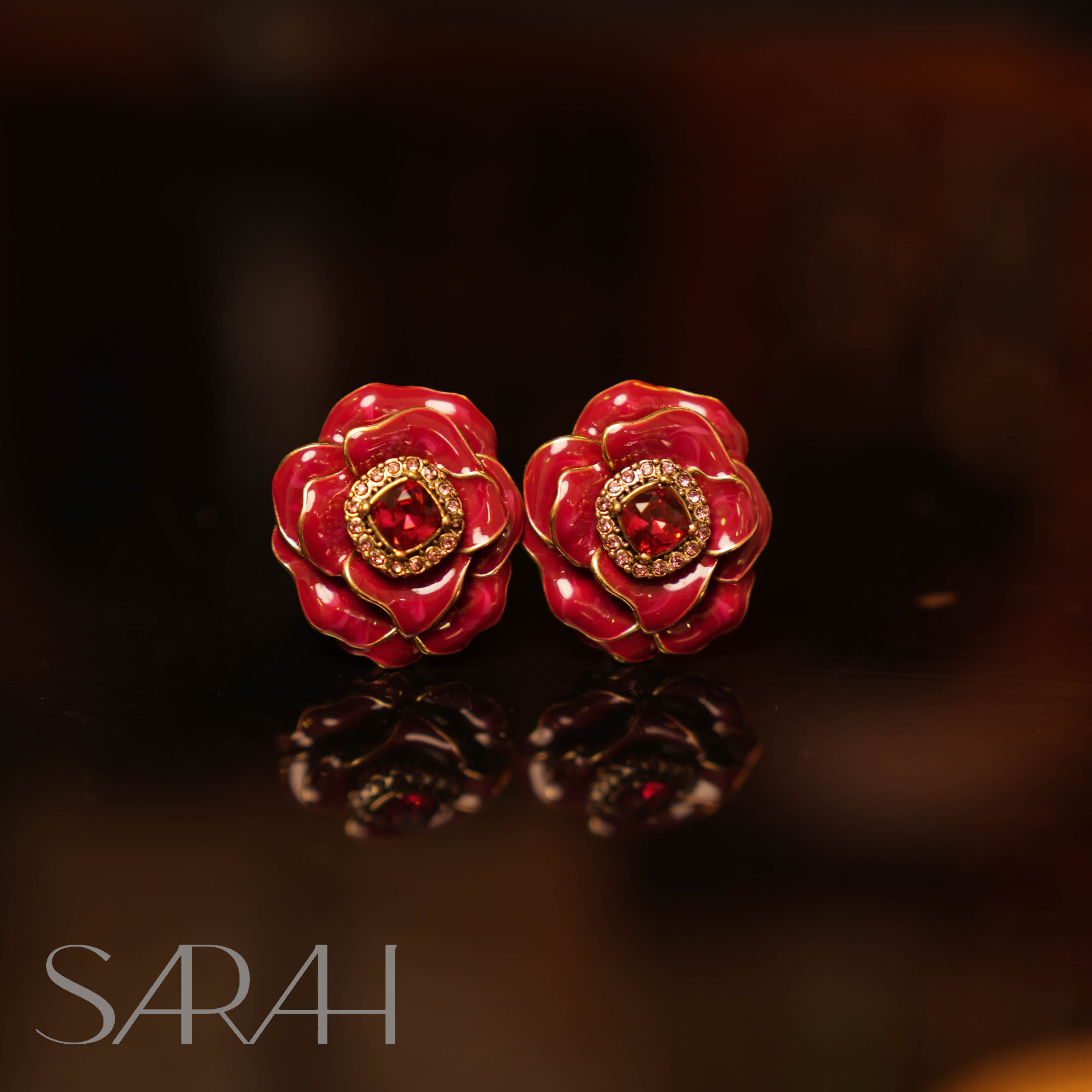 纯铜合成锆石耳饰 DearLisa.精工系列 红色花朵 925银针 耳钉