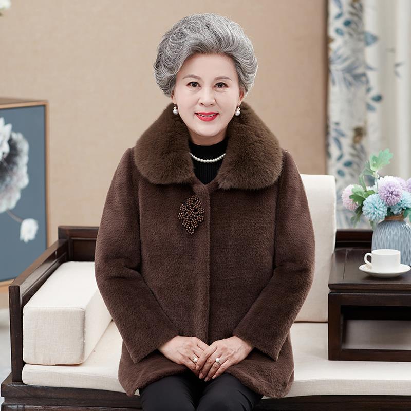 啄木鳥中老年人女装妈妈冬装保暖外套老太太奶奶加绒加厚水貂毛老