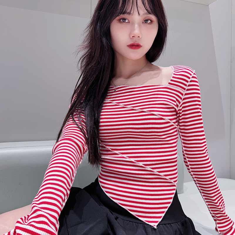 新姿奇红白条纹拼接不规则斜边T恤短款上衣潮2024春夏新款女长袖