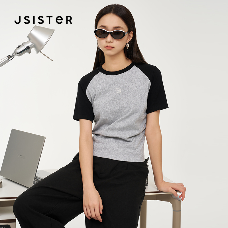 jsister 年夏季新品 JS女装时尚灰色拼接修身短袖圆领T恤上衣