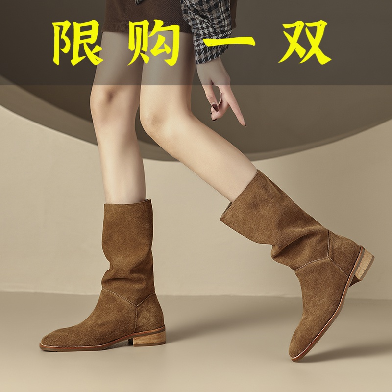 红蜻蜓牌女鞋2023秋冬新款磨砂牛翻皮平跟中筒靴黑色咖色堆堆靴