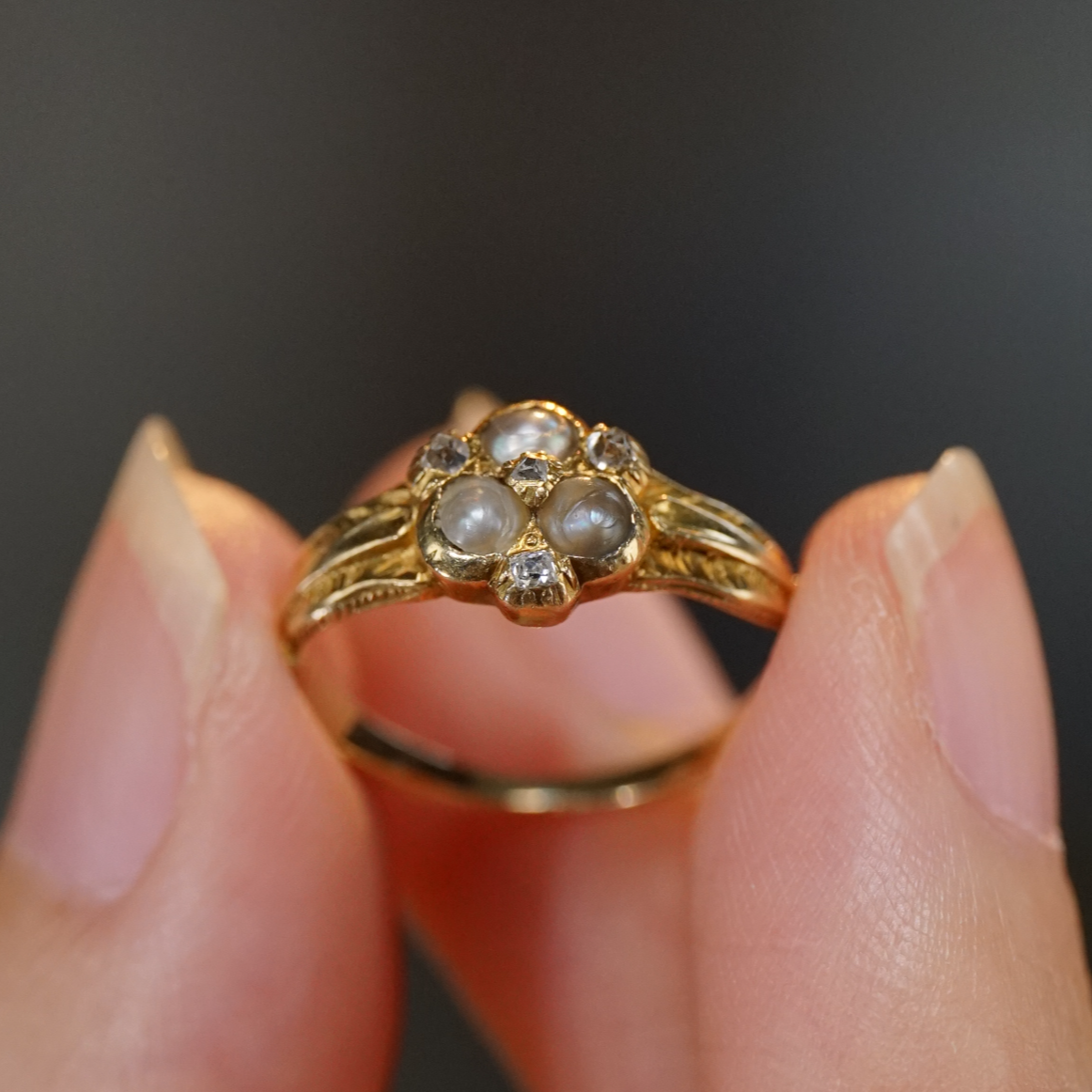 【观月】乔治时期珍珠戒指 18K金三石款古董尾戒