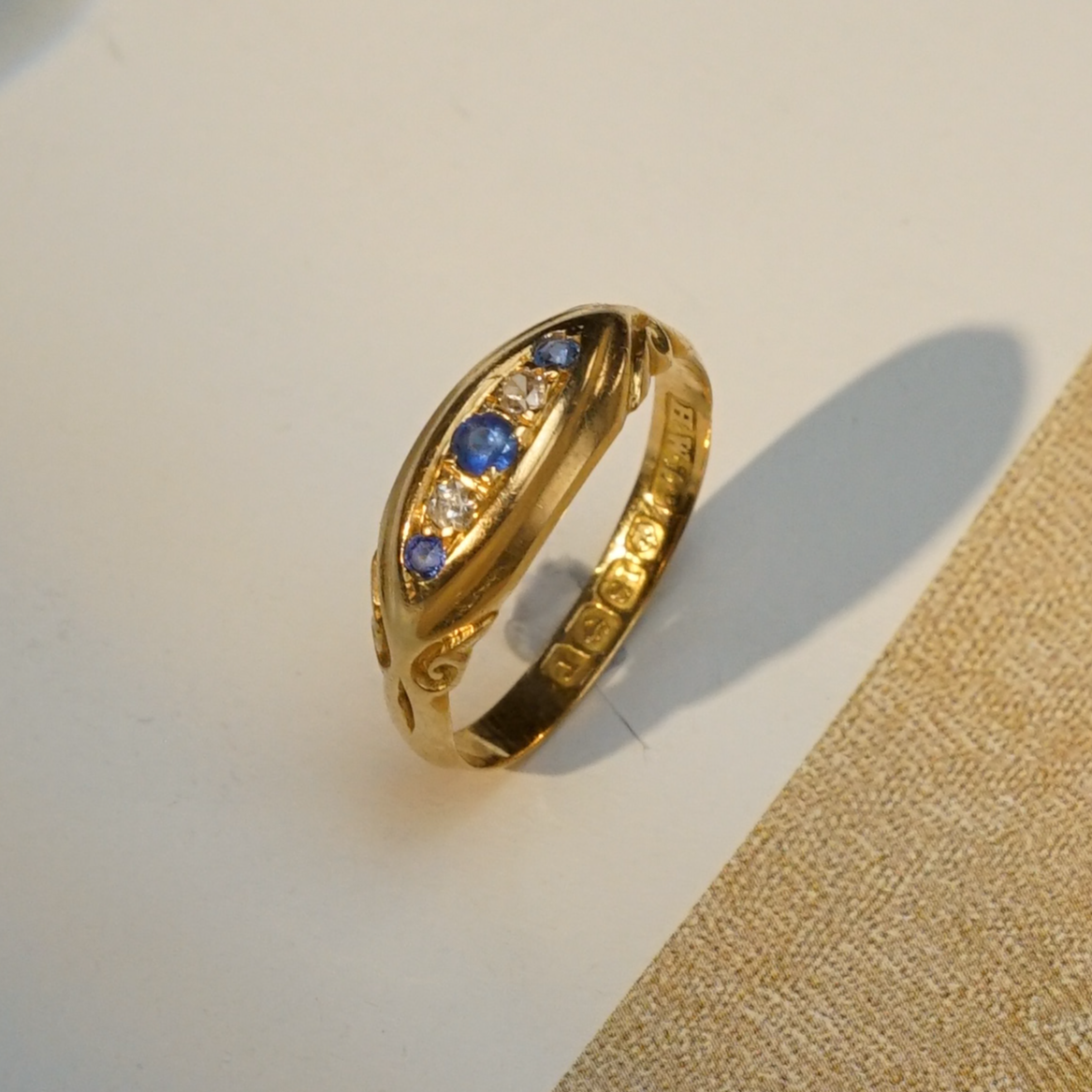 【观月】蓝宝石戒指 18K金五石款古董戒指