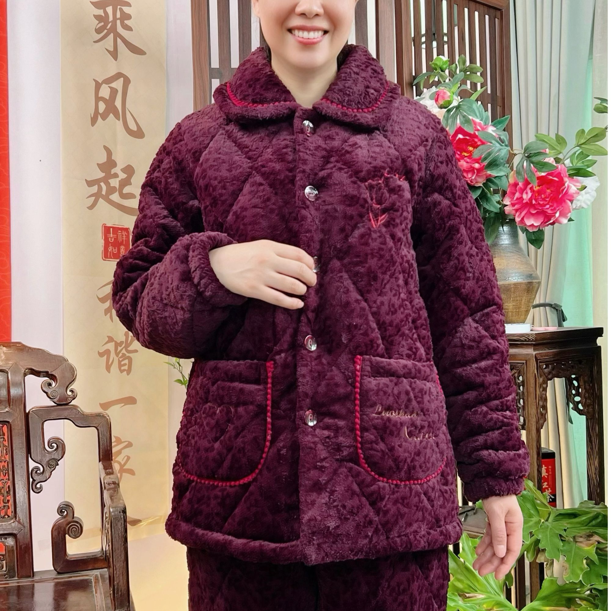 A7款中老年玫瑰睡衣家居服套装