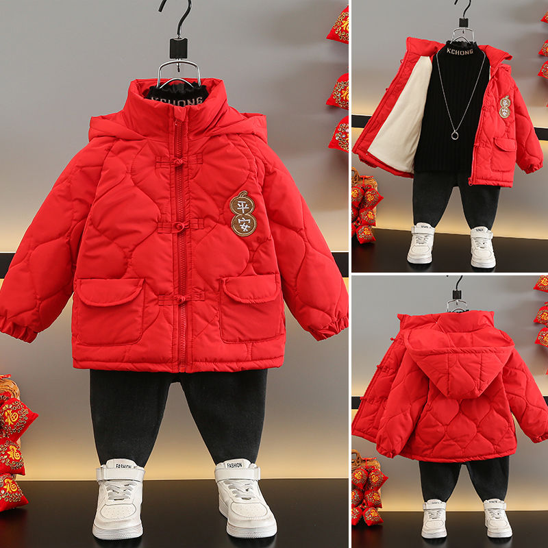 男童唐装外套拜年冬季新款宝宝加绒棉衣红色过年儿童加厚冬装棉服