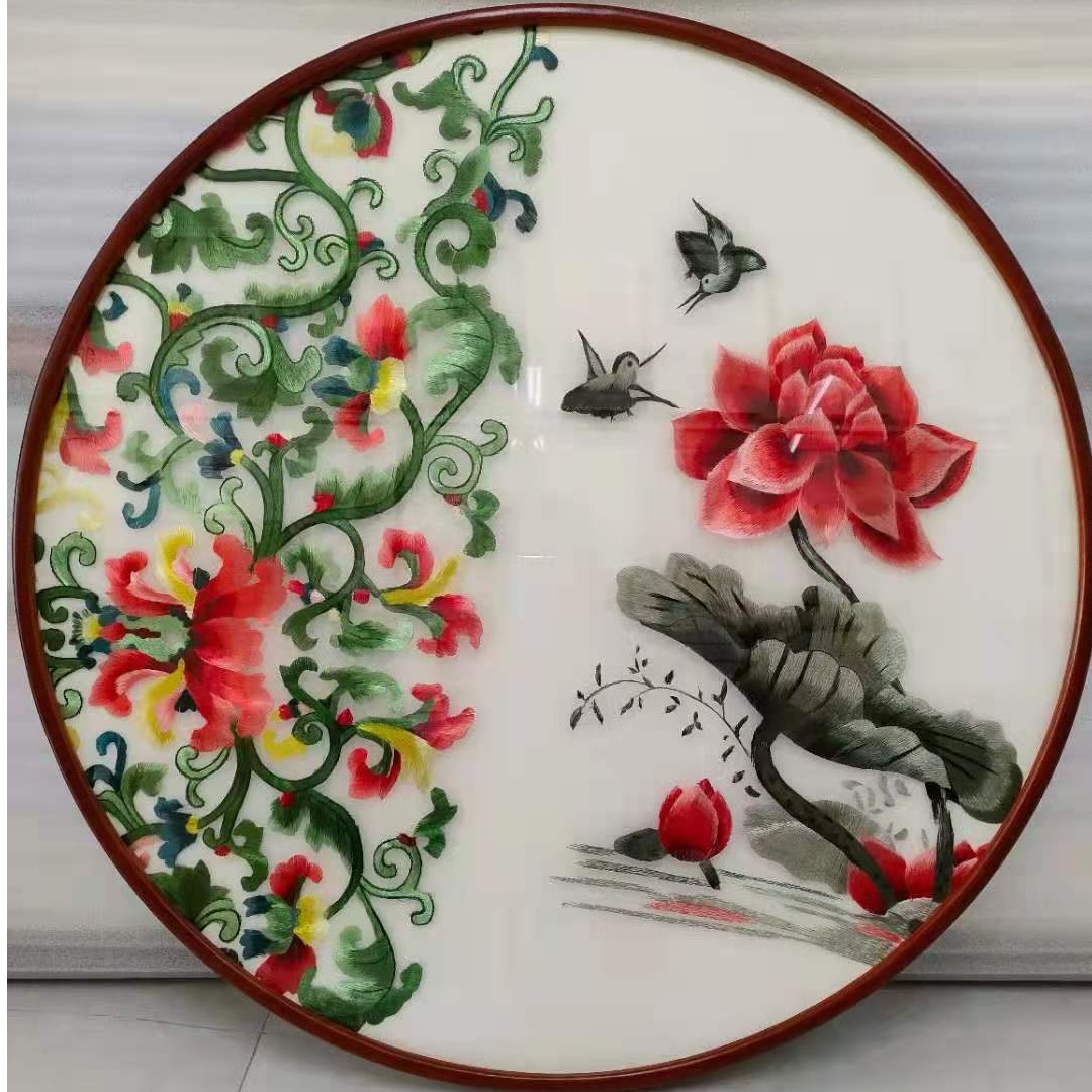 苏州刺绣机绣仿手工带框成品圆形装饰画挂画玄关走廊牡丹礼品