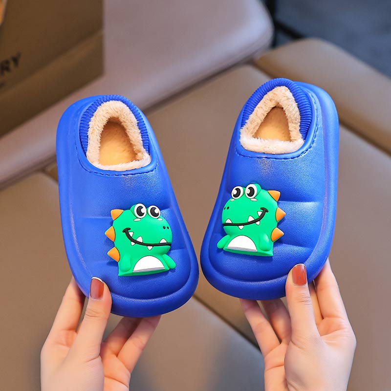防水儿童棉拖鞋男童冬季卡通恐龙室内防滑保暖包跟厚底宝宝棉鞋冬
