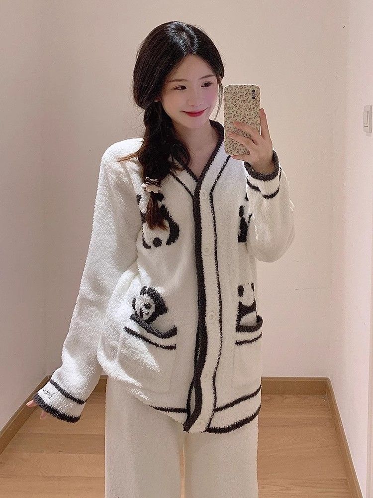 可爱熊猫毛绒针织睡衣女加绒加厚秋冬季高级半边绒家居服套装外穿