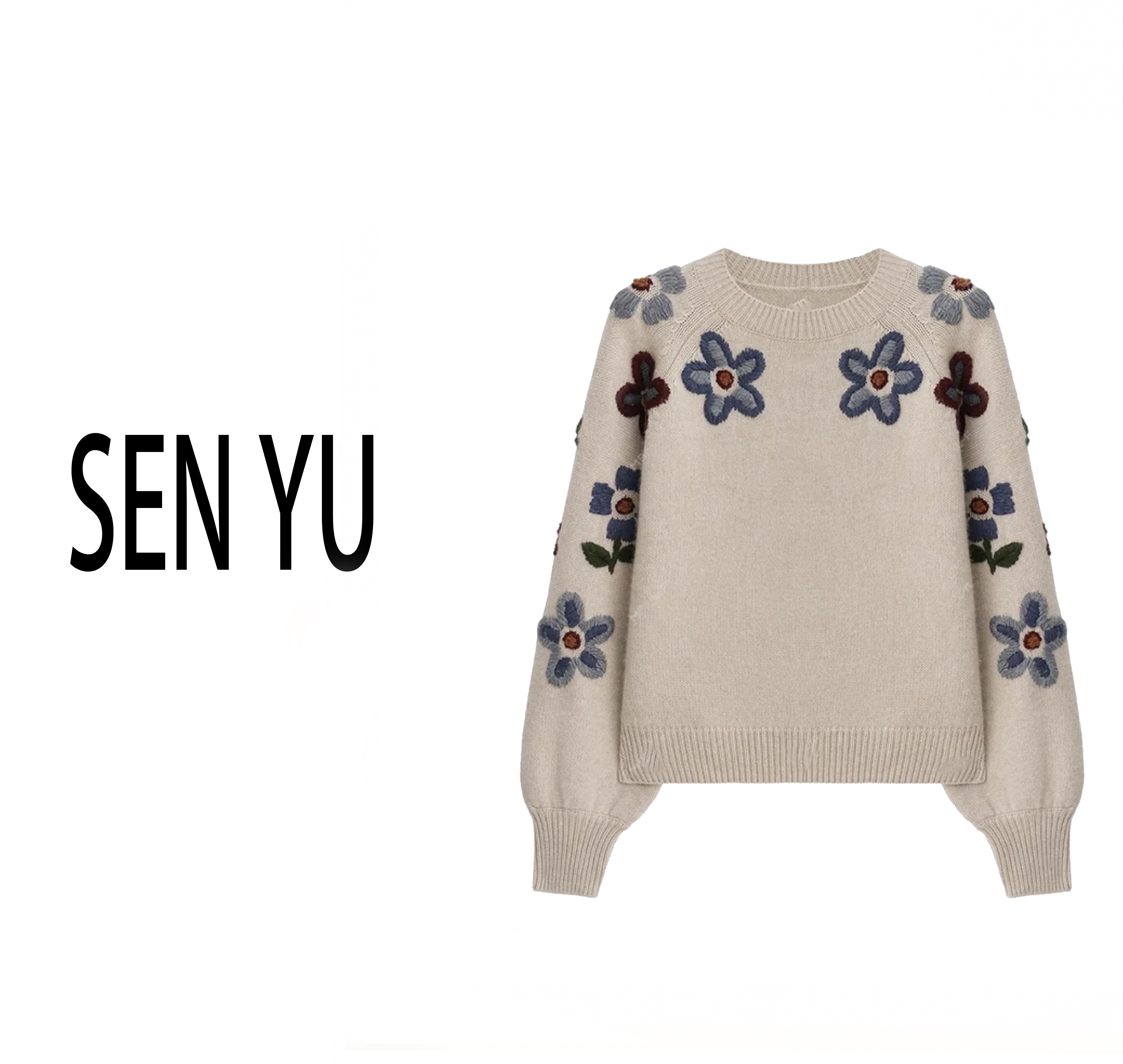SENYU【撞色立体花】秋冬圆领重工刺绣花朵100%绵羊毛针织衫厚款