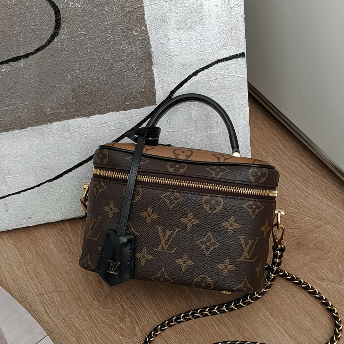 95新  Azul中古-LV 老花拼色vanity小号手提斜挎化妆包24364