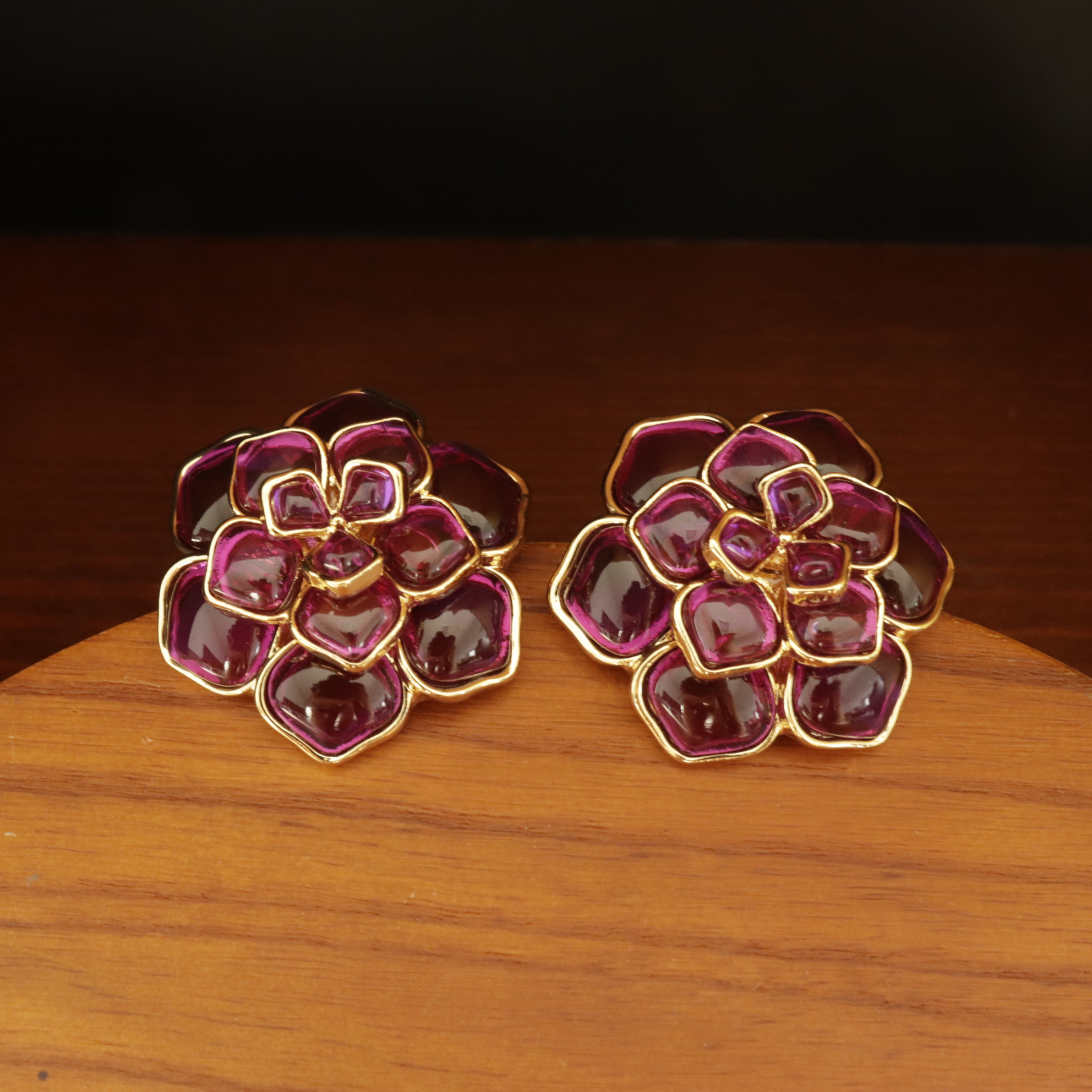 合金玻璃耳饰 中古复古多层山茶花耳饰ZITING耳针款