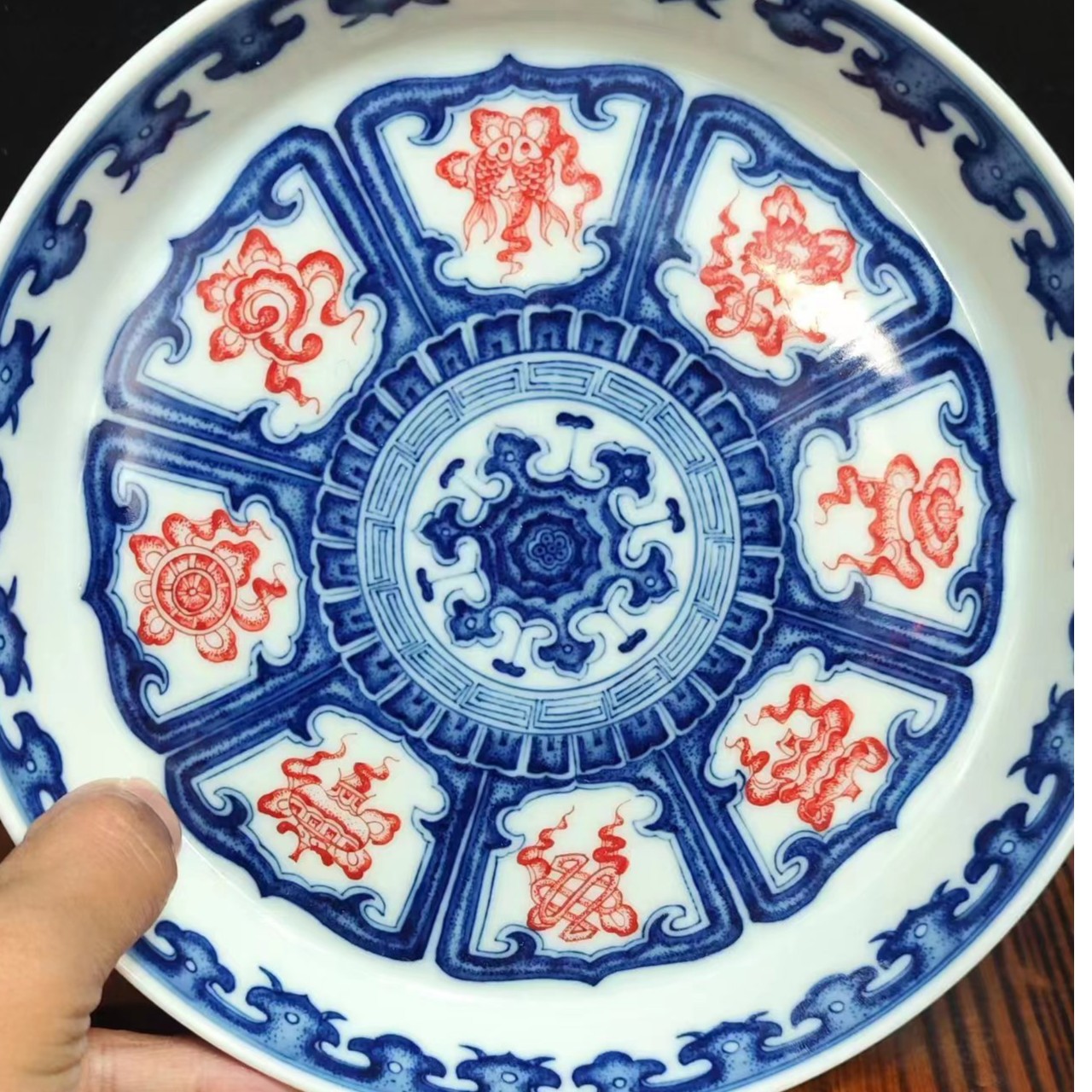 景德镇手绘青花釉下红八宝壶承陶瓷釉下彩