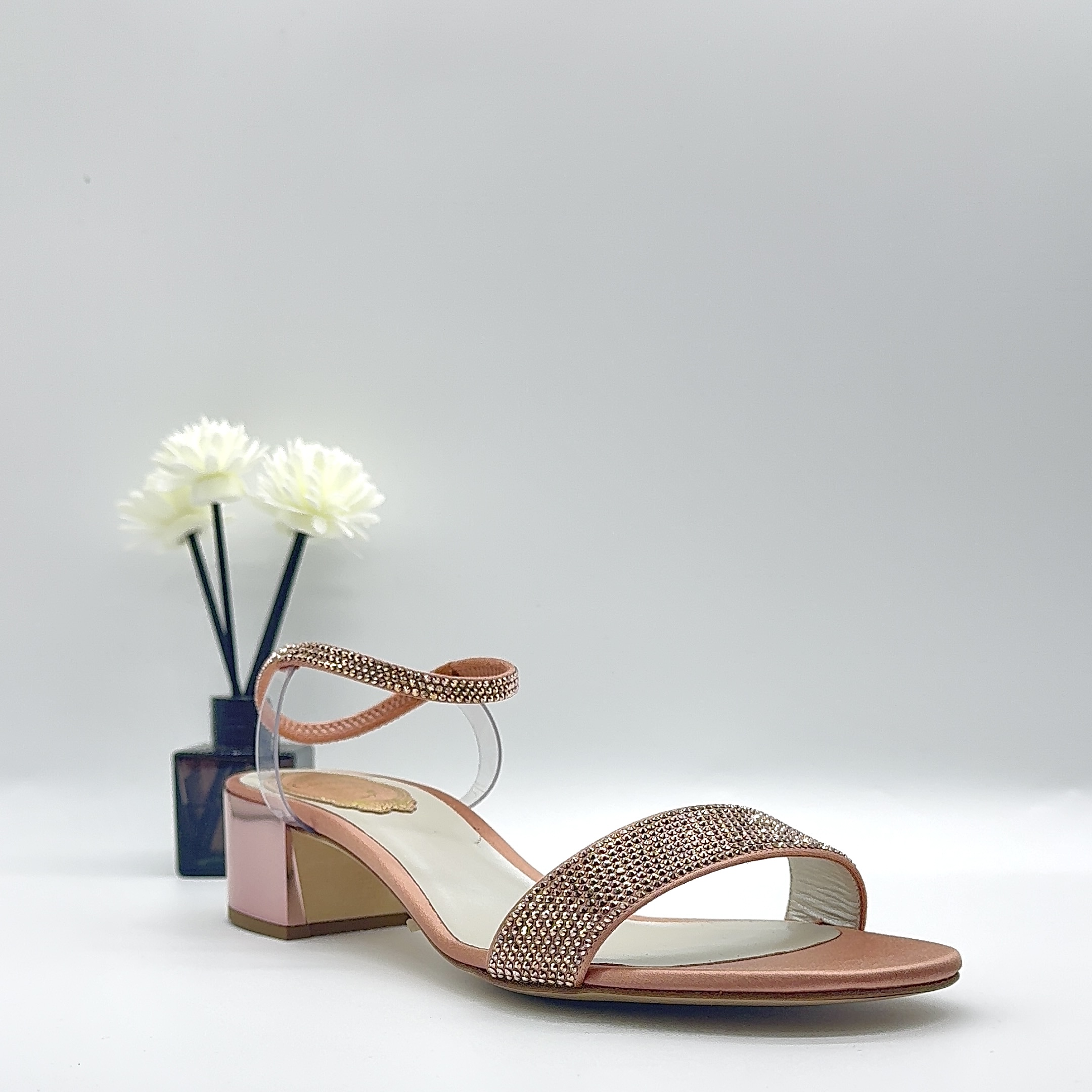 99新  RENE CAOVILLA/99新/37码/玫瑰亮粉色一字带水晶钻饰凉鞋