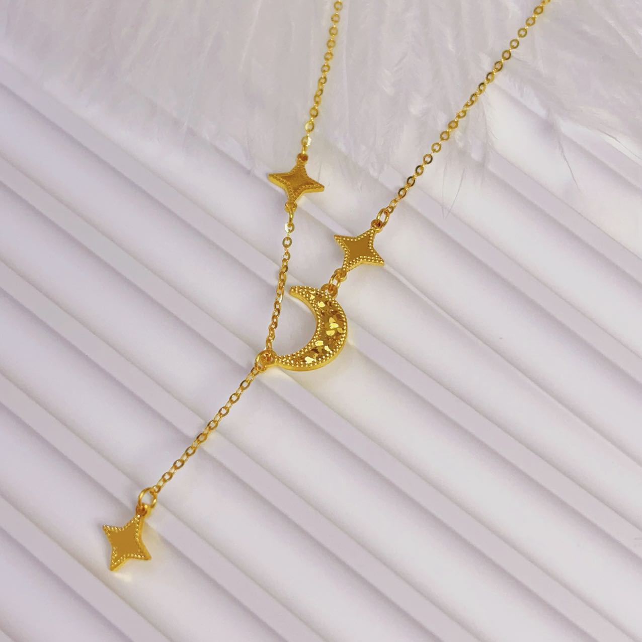 足金星星月亮套链女款轻奢时尚百搭简约金色真金坠链女士精致素链