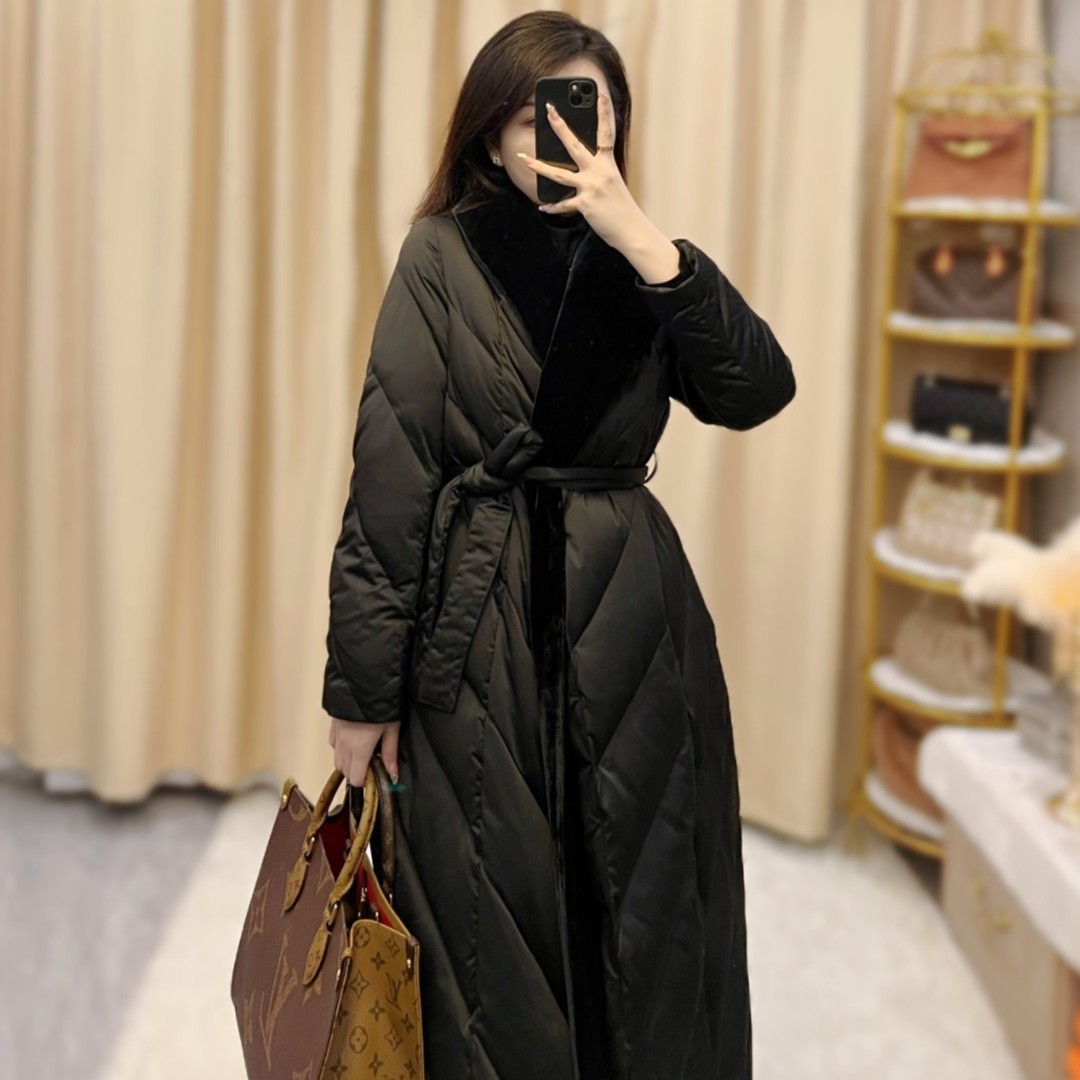 2023冬季新款95白鹅绒蚕丝丝绒领口气质中长款长袖系带鹅绒服434