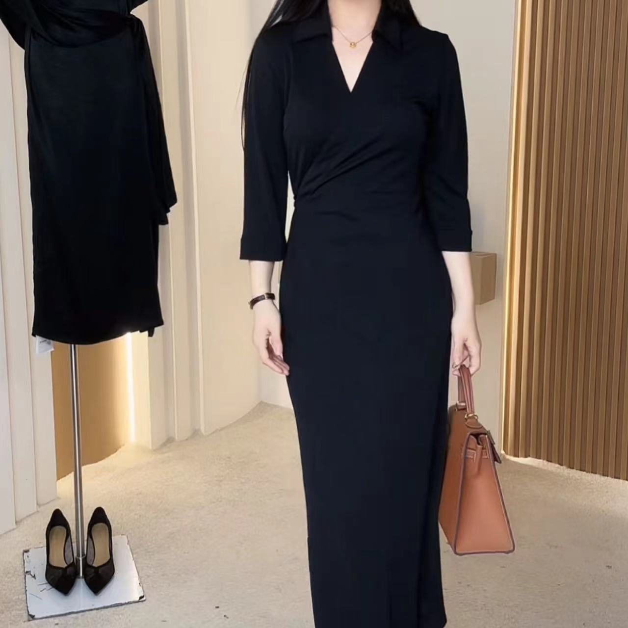 【微瑕】夏季新款气质通勤Polo领长袖V领黑色一片式绑带醋酸连衣裙
