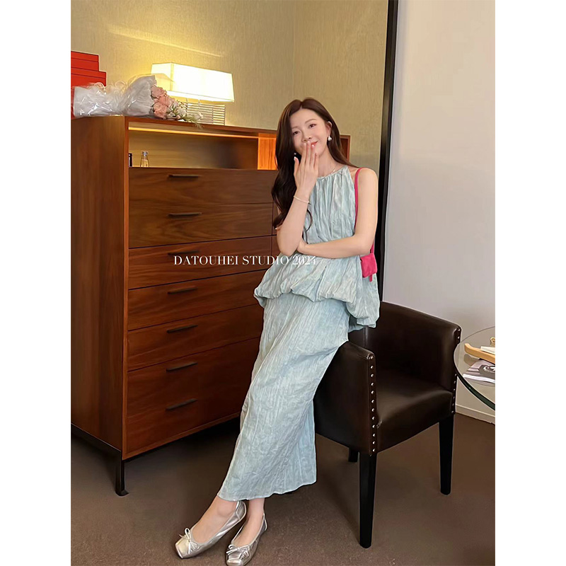  【大头黑STUDIO】2024女夏蓝色无袖娃娃衫半裙套装D224X04783