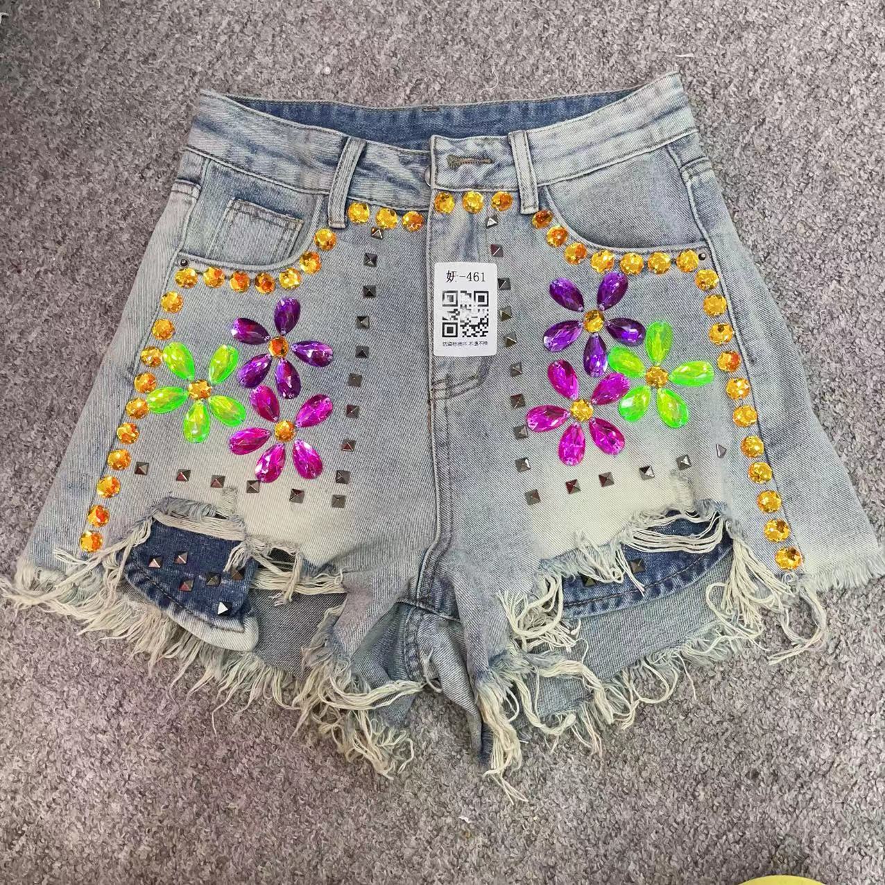 【依诺原创】新款重工时尚百搭休闲牛仔短裤 腰围70裤长32 KU8021