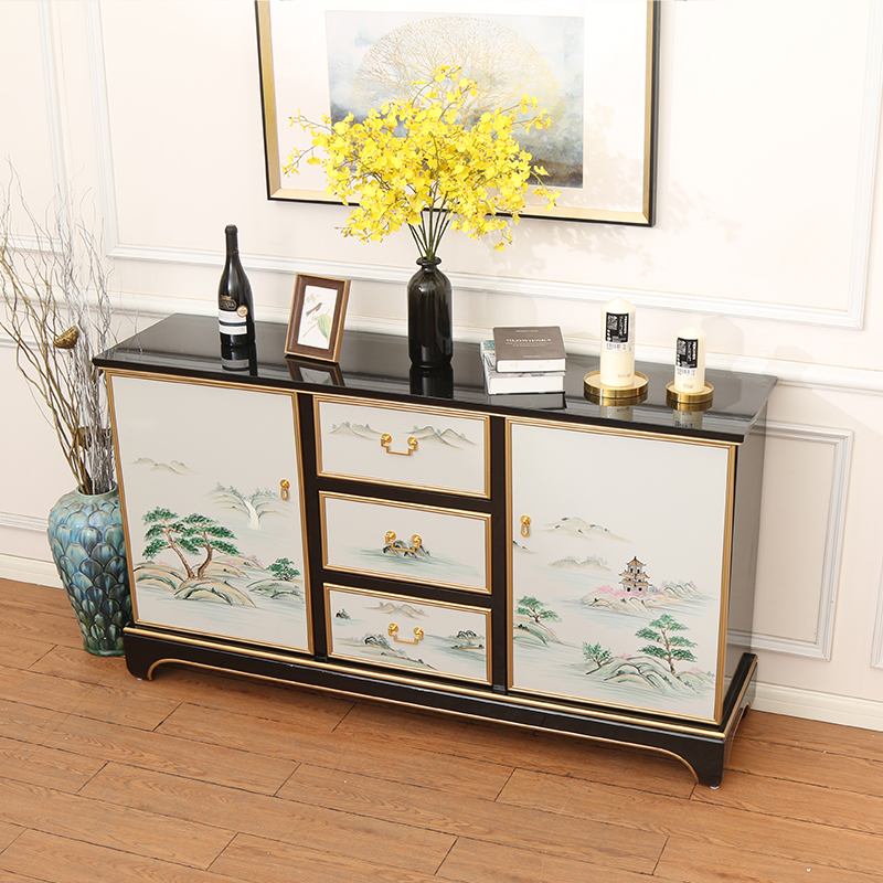 新中式客厅餐边柜烤漆定制定做整体餐桌柜白色装饰柜彩绘中式收纳