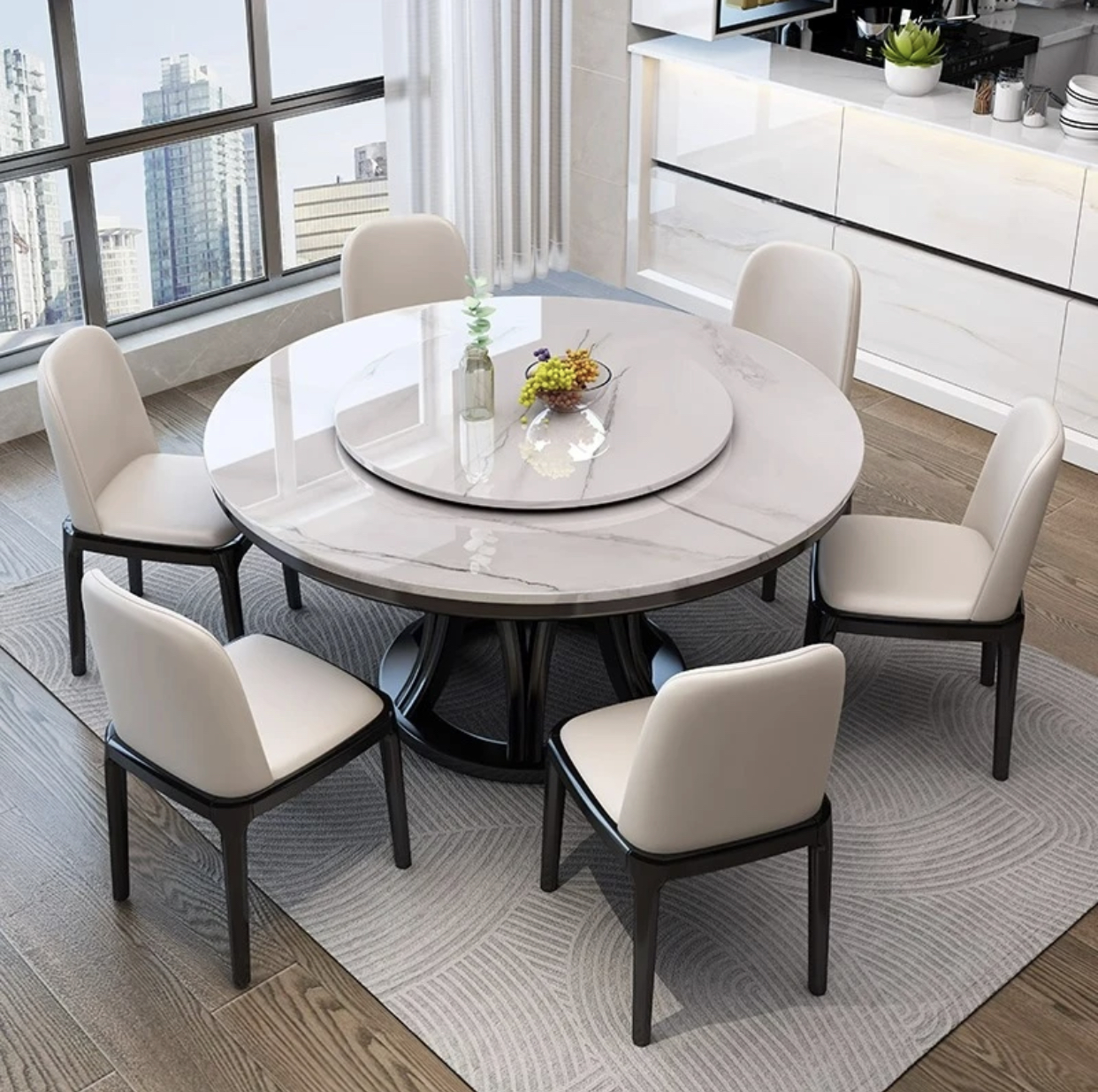 北欧全实木餐桌椅组合小户型家用圆形饭桌中式酒店圆桌10人带转盘