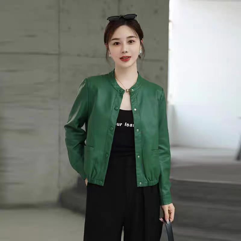 【加棉加厚】海宁短款皮衣女2024秋新品皮夹克圆领休闲小个子短外套