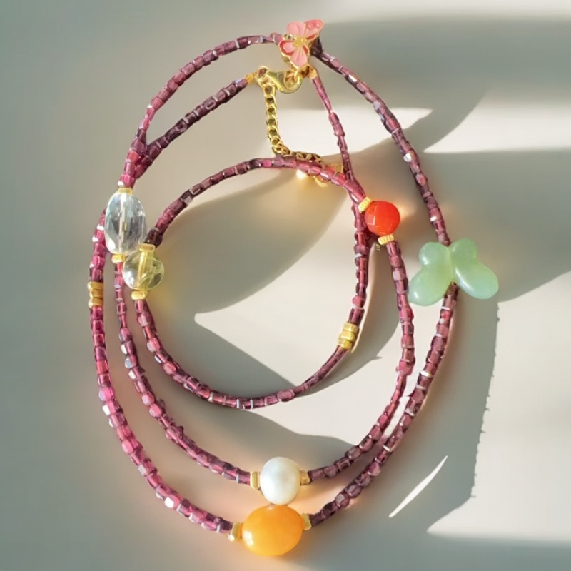 天然石榴石项链925银梦蝶百搭复古古风简约彩色挂脖珠珠轻奢时尚