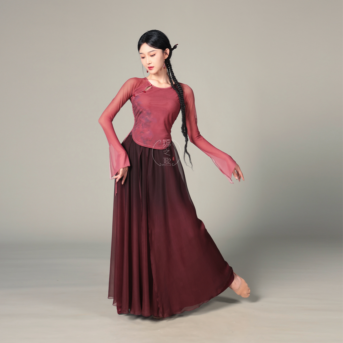 新款胭脂泪婳之歌韩婳胭脂色旗袍斜襟古典舞身韵练功中国舞民族舞