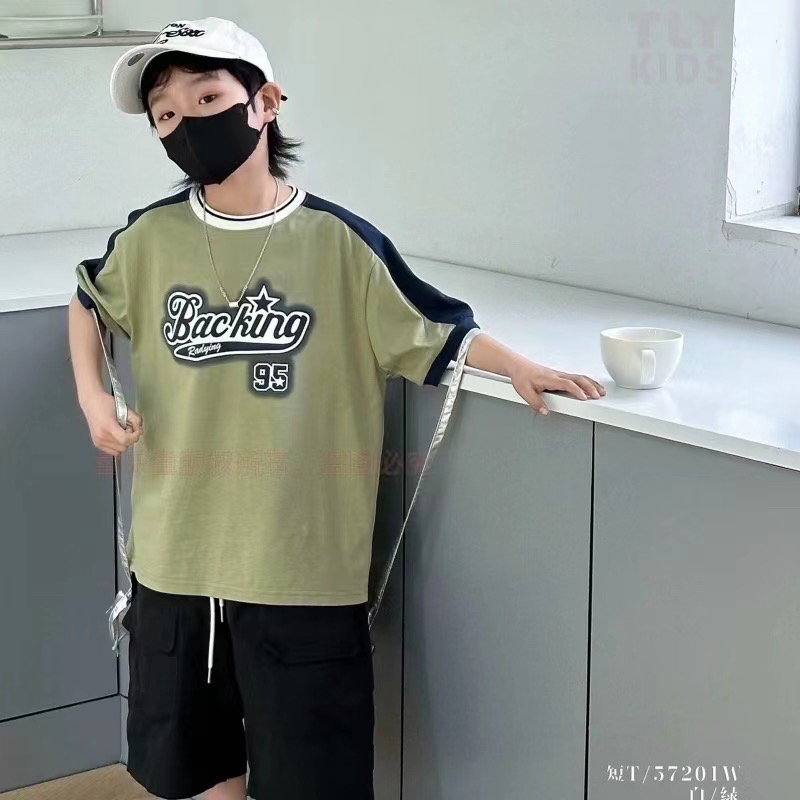 童乐鱼品牌男童短袖T时尚休闲绿色夏季印花韩版拼色上衣童装百搭