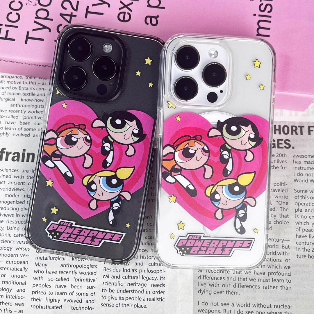 飞天小女警爱心卡通透明磁吸适用13/14/15/16promax苹果手机壳