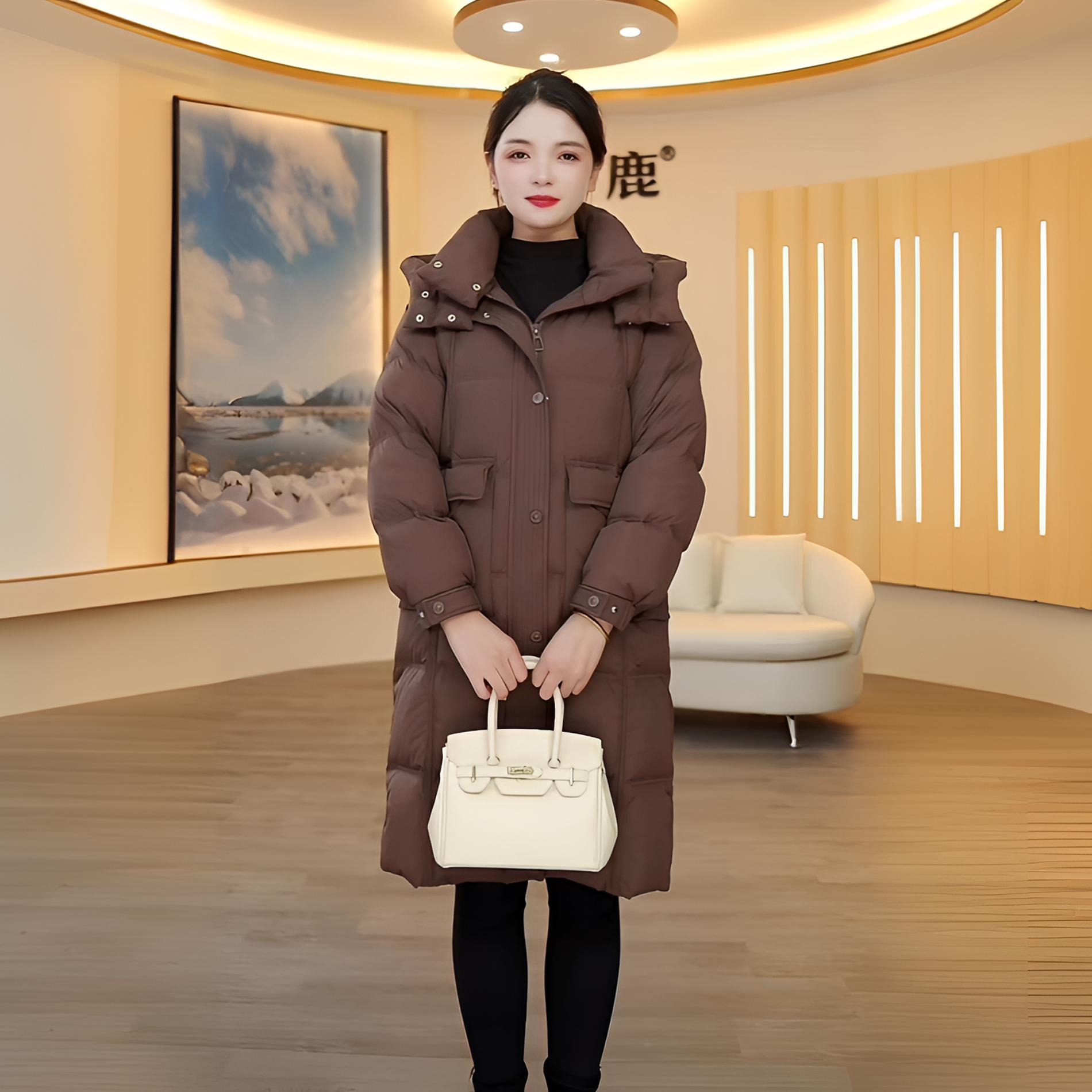 V/雅鹿YH501Z11730新款中长款连帽90%白鸭绒羽绒服宽松外女