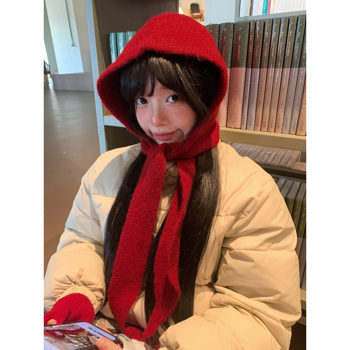 圣诞新年红色帽子围脖一体秋冬系带针织帽巴拉克法毛线帽保暖护耳